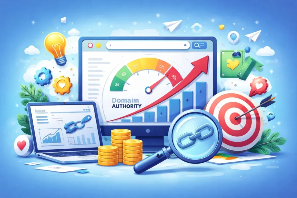 Ilustración sobre autoridad de dominio y linkbuilding con gráfico de crecimiento, enlaces, lupa, objetivo y elementos visuales relacionados con SEO y aumento de visibilidad web.