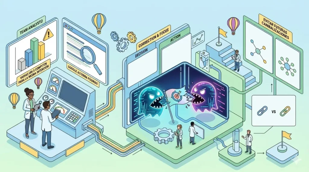 Ilustración sobre canibalización SEO con varias URLs compitiendo entre sí, análisis de páginas, corrección del conflicto y reorganización del enlazado para evitar futuras canibalizaciones.