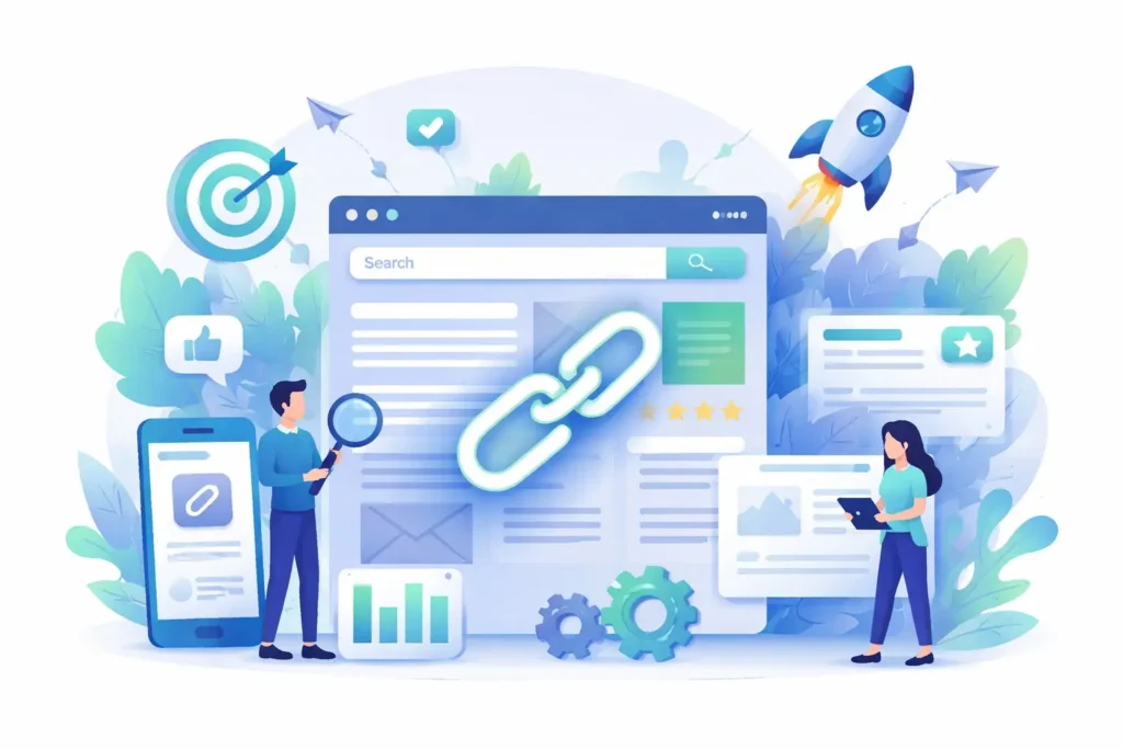 Ilustración digital sobre linkbuilding y enlaces editoriales en SEO, con una gran cadena sobre una página web, gráficos de crecimiento, iconos de relevancia y dos personas analizando contenido y enlaces en un entorno visual de estrategia digital.