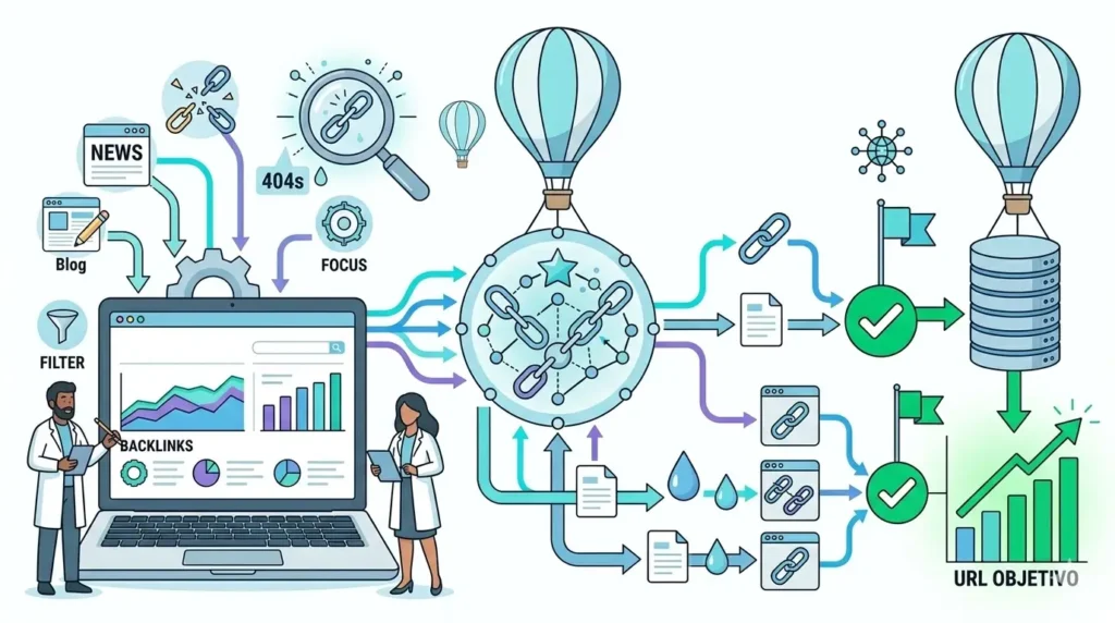 Ilustración de link reclamation en SEO con análisis de backlinks, detección de enlaces perdidos y 404, recuperación de autoridad y redirección de señales hacia la URL objetivo.