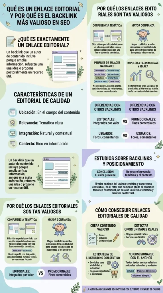Infografía sobre qué es la autoridad de dominio, los factores que influyen en ella y cómo aumentarla con linkbuilding. Incluye backlinks de calidad, autoridad temática, arquitectura del sitio, enlazado interno, beneficios de una mayor autoridad y errores frecuentes a evitar.