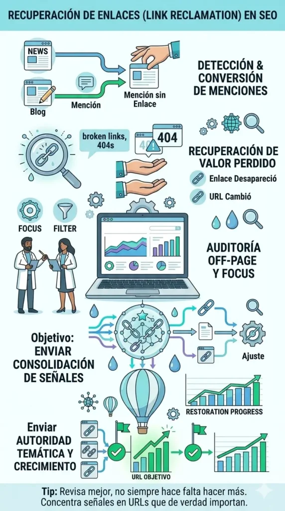 Infografía sobre link reclamation en SEO que muestra cómo detectar menciones sin enlace, recuperar enlaces perdidos o rotos, auditar señales off-page y consolidar autoridad en la URL objetivo.