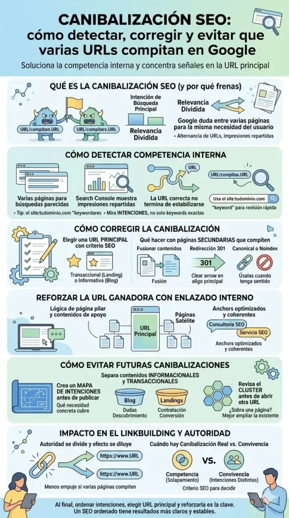 Infografía sobre canibalización SEO que explica qué es, cómo detectar competencia entre URLs, cómo corregirla con una URL principal y enlazado interno, y cómo evitar futuras canibalizaciones.