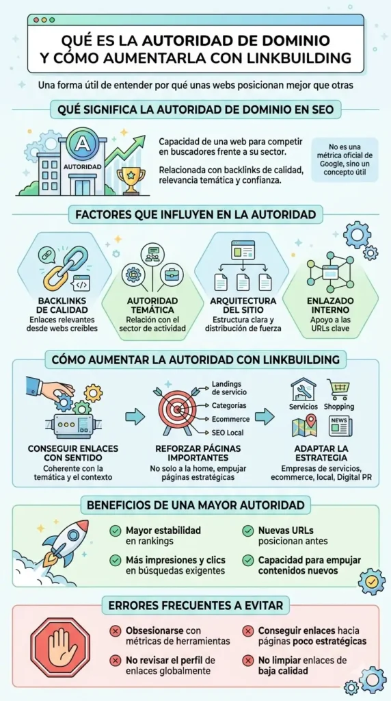 Infografía sobre autoridad de dominio y linkbuilding que explica qué significa, qué factores influyen, cómo aumentarla con enlaces de calidad y qué errores conviene evitar para mejorar el SEO.