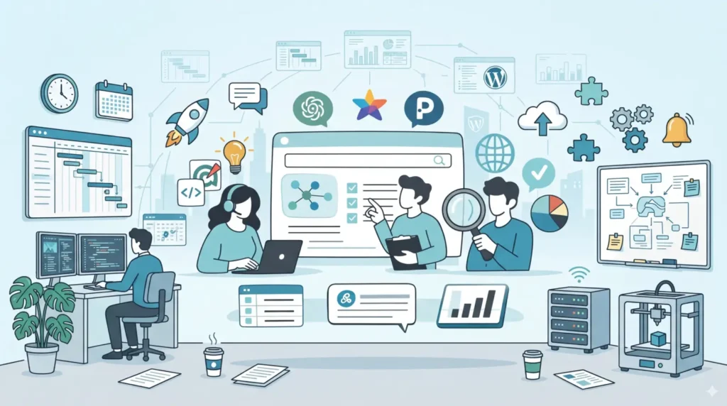 Ilustración conceptual de un equipo de especialistas trabajando en analítica, gestión de proyectos y reporting SEO con diversas herramientas digitales.