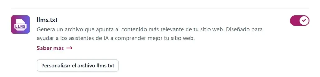 Captura de pantalla de la interfaz de Yoast SEO para Shopify mostrando el interruptor activado de la función llms.txt para asistentes de IA