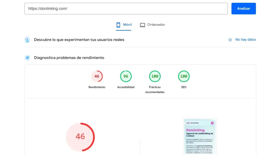 Captura de pantalla de un análisis de Google PageSpeed Insights para móvil que muestra una puntuación de rendimiento de 46 (en rojo) junto a métricas optimizadas de Accesibilidad, Prácticas Recomendadas y SEO.