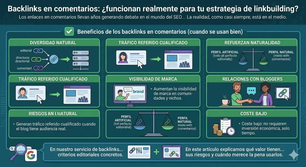 Infografía detallada sobre beneficios de los backlinks en comentarios: diversidad de perfil, tráfico referido cualificado, visibilidad de marca, relaciones con bloggers y refuerzo de naturalidad con comparativa de perfiles.
