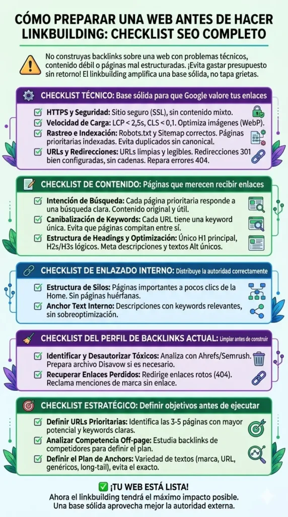 Infografía detallada con un checklist SEO completo para preparar una web antes del linkbuilding, dividida en secciones: técnica, contenido, enlazado interno, perfil de backlinks y estrategia.