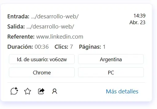 detalles de la sesión del un usuario web con microsoft clarity