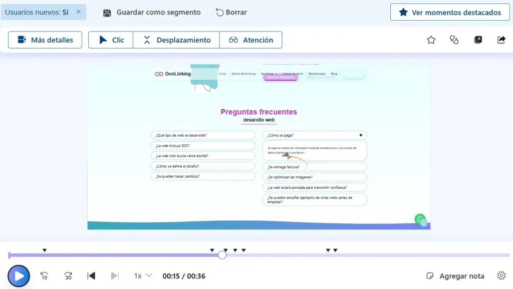 ejemplo de grabación de un usuario web recorriendo una landing y haciendo click en microsoft clarity