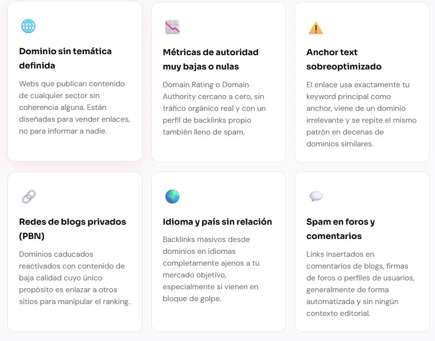Factores que identifican backlinks de baja calidad: PBN, spam, anchors sobreoptimizados y dominios sin relevancia.