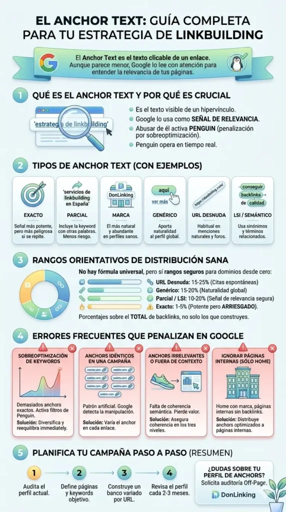 Infografía sobre el anchor text y su importancia en linkbuilding, con tipos de anchor text y ejemplo de distribución natural de backlinks