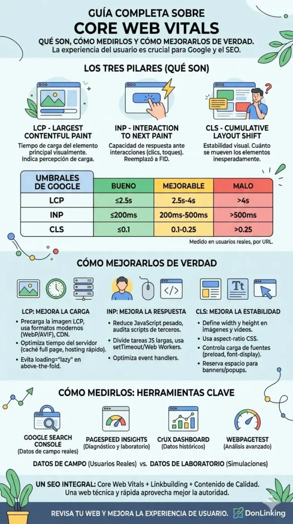Infografía de Core Web Vitals: métricas LCP, INP y CLS, tabla de umbrales de Google y consejos clave para optimizar la velocidad y experiencia de usuario en SEO.