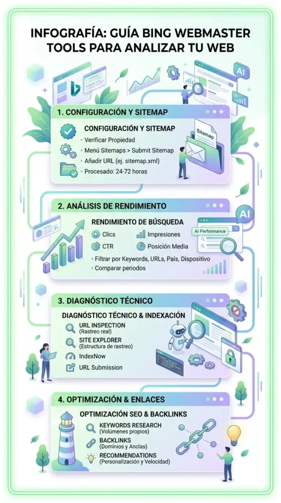 Infografía vertical sobre Bing Webmaster Tools que explica la configuración de sitemaps, análisis de rendimiento, diagnóstico técnico y optimización de enlaces.