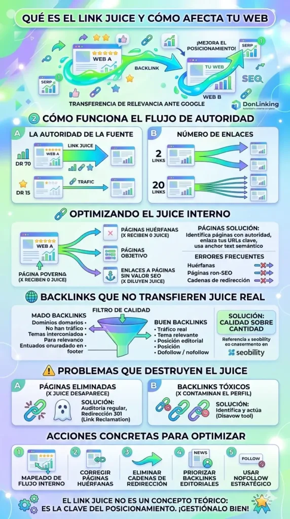 Infografía sobre Link Juice: transferencia de relevancia, flujo de autoridad, optimización de enlazado interno, páginas huérfanas y backlinks de calidad para mejorar el posicionamiento SEO.