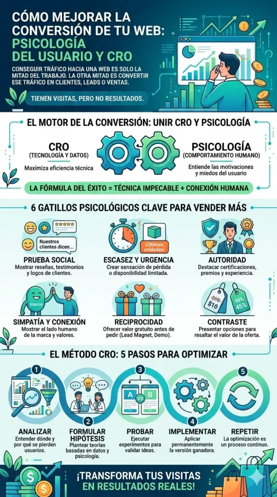 Guía de 5 pasos para optimización CRO y 6 gatillos psicológicos para mejorar la conversión web.