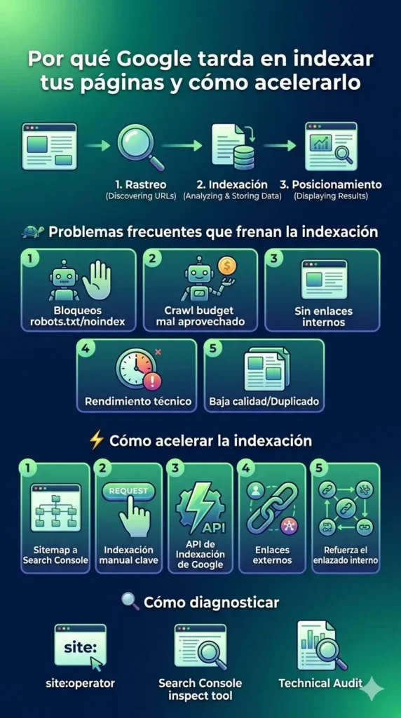 Infografía sobre las causas de la indexación lenta en Google y métodos prácticos para acelerarla.