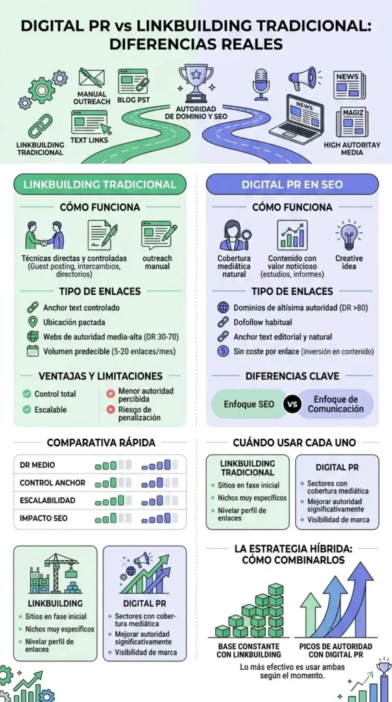 Infografía comparativa entre Digital PR y Linkbuilding tradicional en SEO, detallando autoridad de dominio, tipos de enlaces y estrategia híbrida en tonos verde, azul y morado.