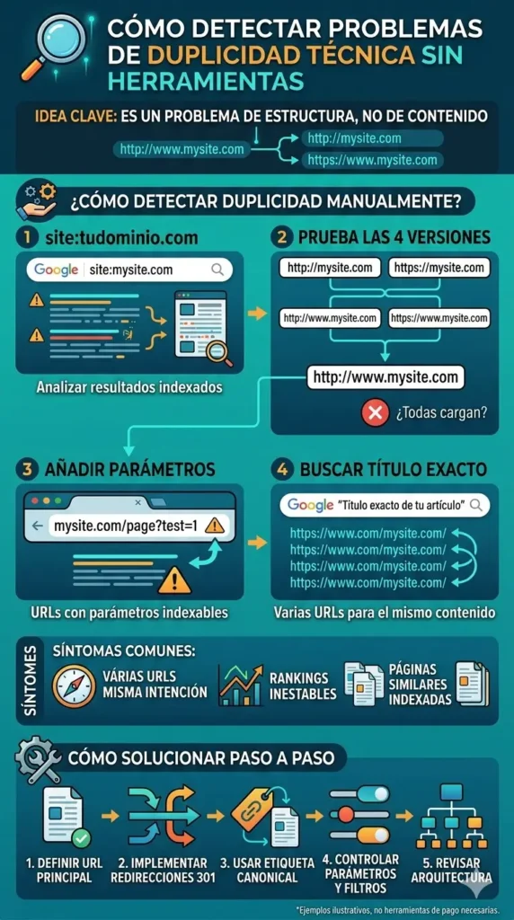 Infografía paso a paso sobre cómo detectar problemas de duplicidad técnica en un sitio web usando comandos de Google y revisiones manuales de URLs.