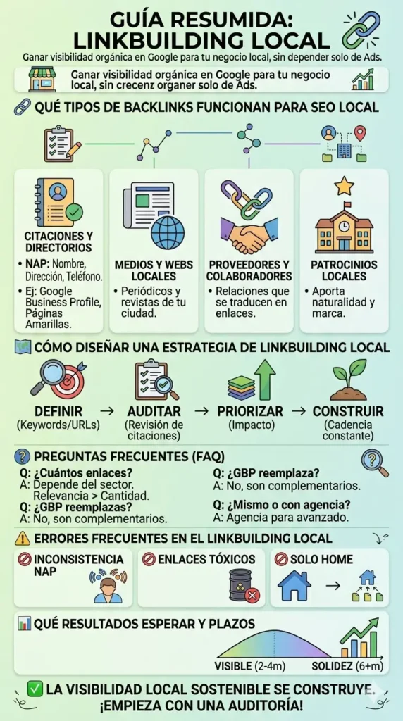 Infografía sobre linkbuilding local para negocios de servicios: tipos de enlaces (citaciones, medios locales, colaboradores), pasos de la estrategia y errores comunes como la inconsistencia de datos NAP.