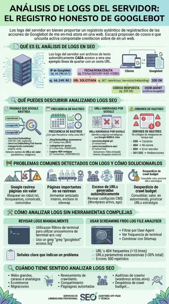 Infografía detallada sobre el análisis de logs del servidor para SEO: muestra qué son los logs, qué información contienen (IP, URL, código de respuesta 200/404/500, User-Agent), cómo identificar a Googlebot, problemas comunes de rastreo como el desperdicio de 'crawl budget' y URLs ignoradas, y cómo analizar los logs manualmente o con herramientas como Screaming Frog Log File Analyser.