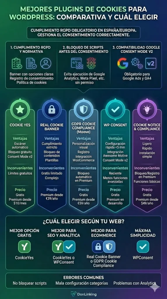 Infografía comparativa de los 5 mejores plugins de cookies para WordPress: CookieYes, Real Cookie Banner, GDPR Cookie Compliance, WPConsent y Cookie Notice. Incluye ventajas, precios y cumplimiento de Google Consent Mode v2.