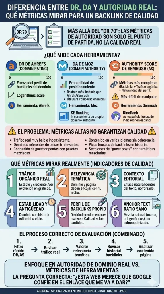 Infografía detallada que compara métricas SEO (DR de Ahrefs, DA de Moz, AS de Semrush) y explica 6 factores clave para evaluar la autoridad real de un backlink, como tráfico orgánico y relevancia temática.