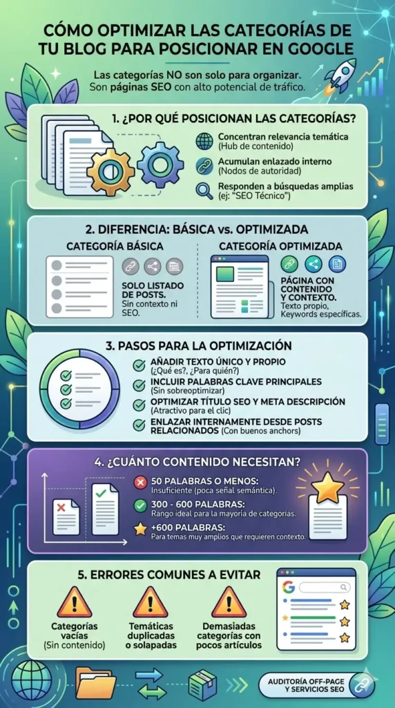 Infografía vertical que detalla los 5 pasos para optimizar categorías de blog: diferencias entre categorías básicas y optimizadas, por qué posicionan en Google, checklist de optimización, extensión de contenido recomendada y errores comunes.
