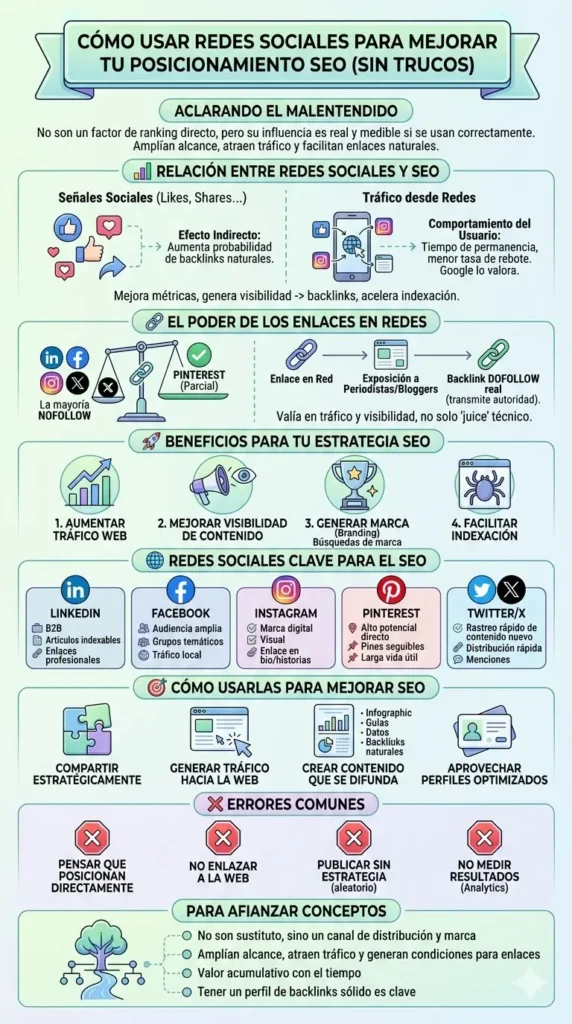 Infografía vertical sobre la relación entre redes sociales y SEO. Explica cómo el tráfico social, la visibilidad de marca y la indexación rápida ayudan al posicionamiento en buscadores, detallando el papel de LinkedIn, Facebook, Instagram, Pinterest y Twitter.