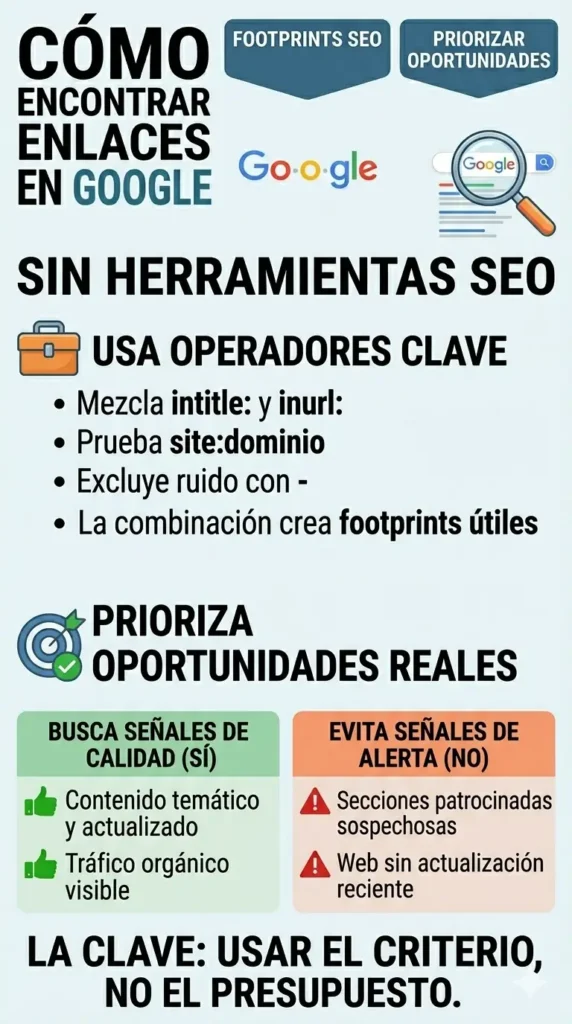 Infografía sobre cómo encontrar oportunidades de enlaces en Google usando operadores de búsqueda y criterios de calidad sin herramientas SEO de pago.