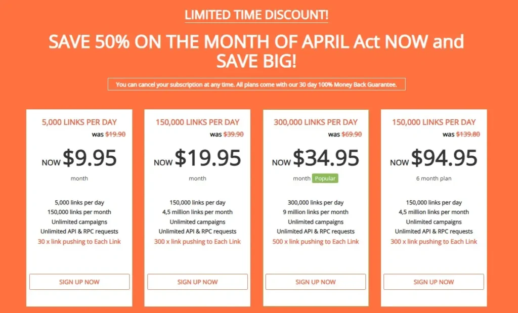 Tabla de precios de LinkProcessor con descuentos del 50%, mostrando planes desde 5.000 hasta 300.000 enlaces diarios.