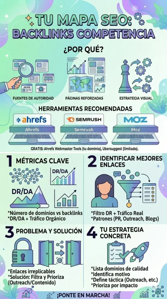 Infografía sobre análisis de backlinks SEO con herramientas como Ahrefs y Semrush, métricas clave de autoridad y pasos para replicar enlaces de la competencia.