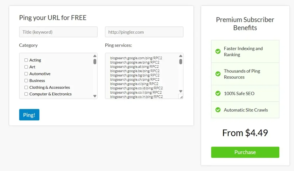 Captura de pantalla de Pingler mostrando el servicio gratuito de ping de URLs y beneficios de la suscripción premium.