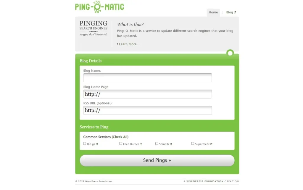 Interfaz de Ping-O-Matic, un servicio gratuito para avisar a los buscadores sobre actualizaciones de contenido y RSS.