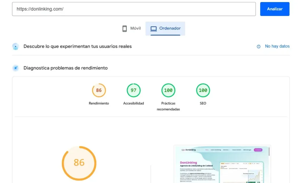 Captura de pantalla de Google PageSpeed Insights para ordenador con una puntuación de rendimiento de 86 (en naranja), y puntuaciones óptimas en Accesibilidad, Prácticas Recomendadas y SEO.