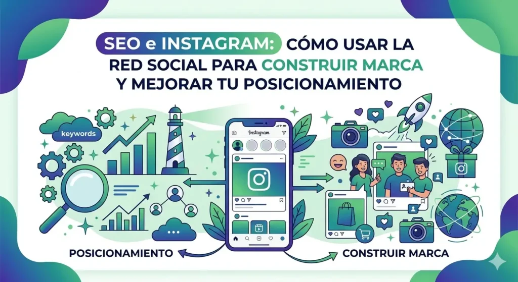 Ilustración digital en tonos verdes, azules y morados que muestra un smartphone con la interfaz de Instagram rodeado de iconos de SEO como lupas, palabras clave, gráficas de crecimiento y elementos de branding, con el texto central "SEO e Instagram: cómo usar la red social para construir marca y mejorar tu posicionamiento".