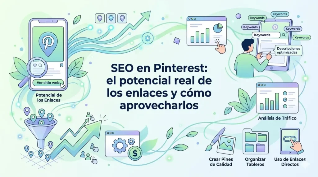 tonos pastel con el texto central: "SEO en Pinterest: el potencial real de los enlaces y cómo aprovecharlos". Muestra iconos de análisis de tráfico, palabras clave y creación de pines.