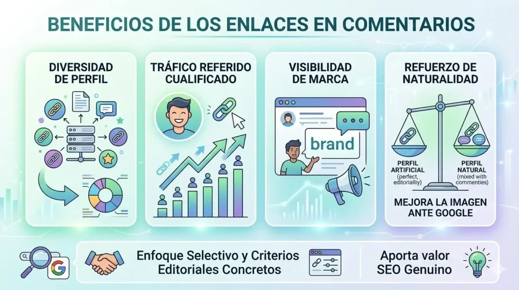Infografía horizontal en tonos claros con los beneficios de los enlaces en comentarios: diversidad de perfil, tráfico cualificado, visibilidad de marca y refuerzo de naturalidad.