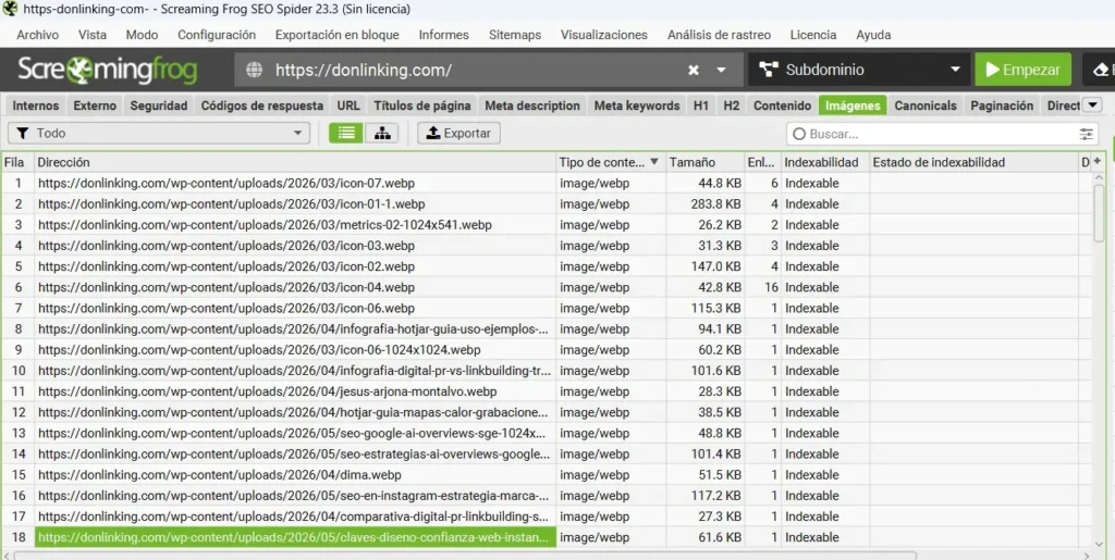 Panel de Screaming Frog mostrando el análisis de imágenes en formato WebP, su tamaño en KB y su estado de indexabilidad para el sitio donlinking.com.