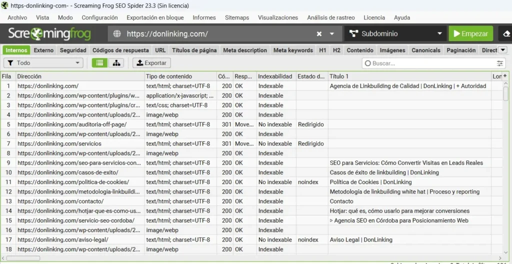 Vista general de la pestaña Internos en Screaming Frog mostrando URLs, tipos de contenido, códigos de respuesta y títulos de página del sitio donlinking.com.