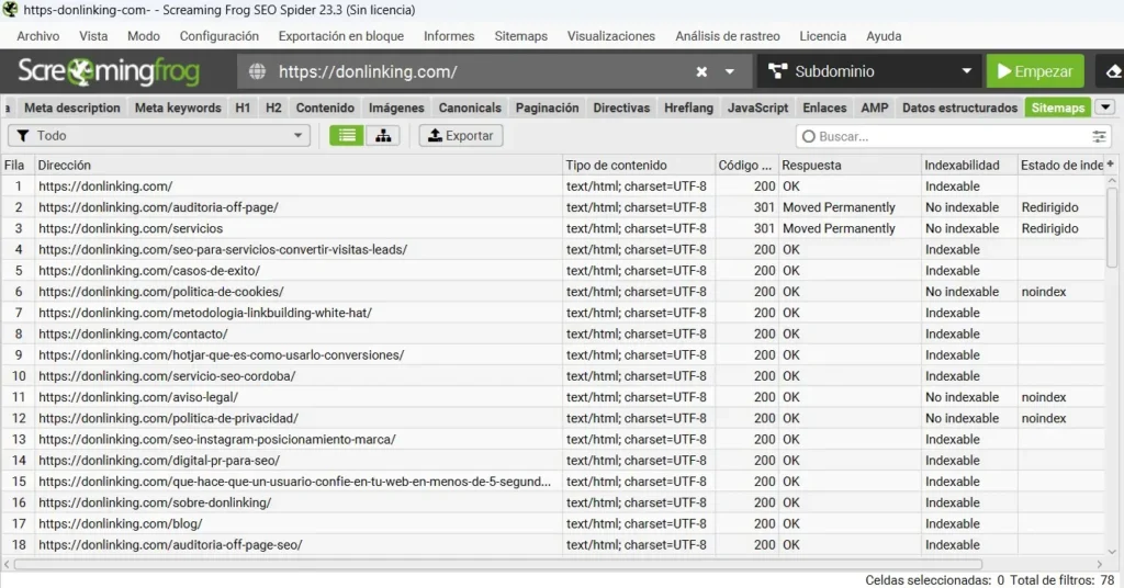 Interfaz de Screaming Frog mostrando el análisis de sitemaps del dominio donlinking.com con códigos de respuesta 200 OK y redirecciones 301.
