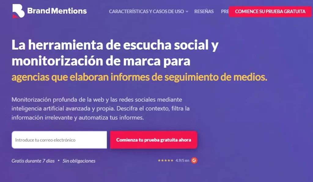 BrandMentions que muestra software de escucha social para agencias, con un formulario de registro para prueba gratuita y detalles sobre monitorización con inteligencia artificial.