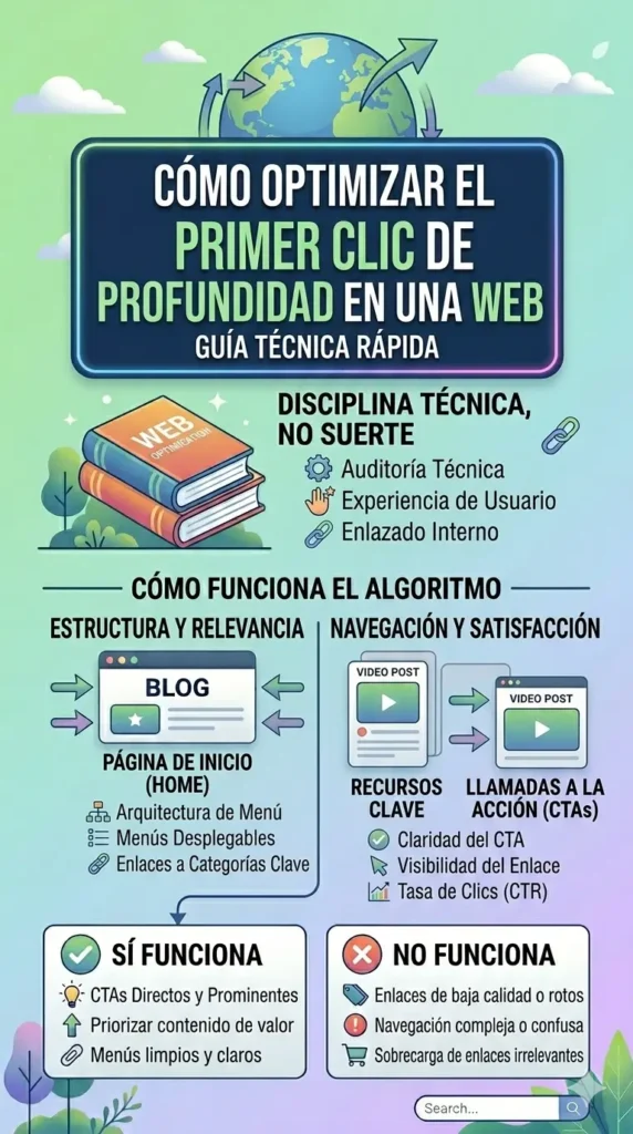 Infografía técnica que explica cómo optimizar el primer clic de profundidad en una web, detallando la estructura de menús, enlaces a categorías clave, llamadas a la acción y buenas prácticas de enlazado interno.