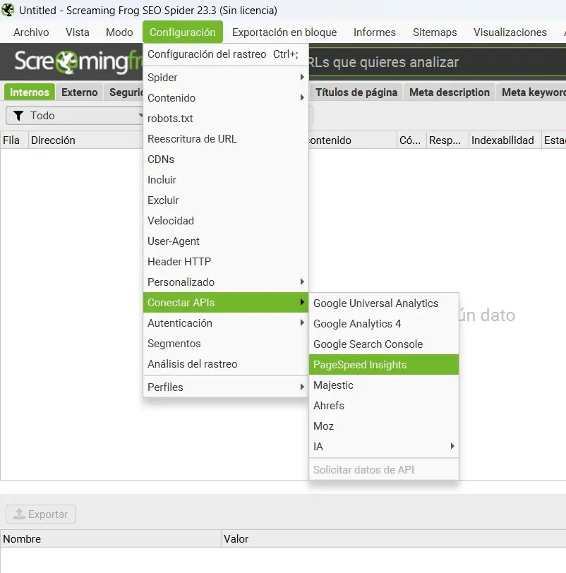 Interfaz de Screaming Frog mostrando cómo integrar la API de PageSpeed Insights para analizar la velocidad de carga.