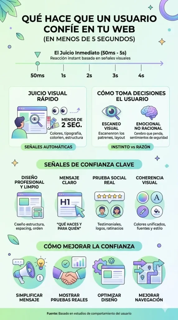 Infografía vertical en tonos verdes, azules y morados claros que detalla cómo los usuarios juzgan la credibilidad de una web en menos de 5 segundos a través del diseño limpio, mensajes claros y prueba social.