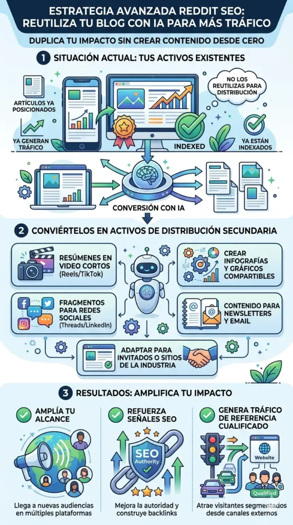 Diagrama paso a paso sobre distribución secundaria de contenidos: de artículos posicionados en el blog a formatos adaptados con IA para redes sociales, newsletters y foros.