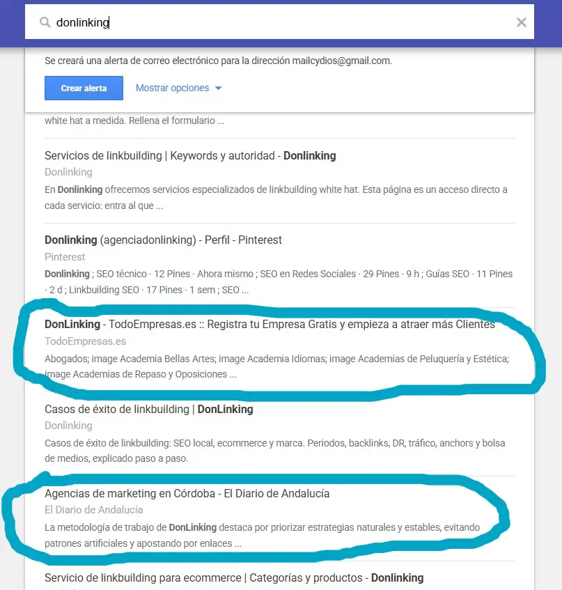 Interfaz de Google Alerts mostrando resultados de búsqueda y menciones web para la marca "Donlinking"