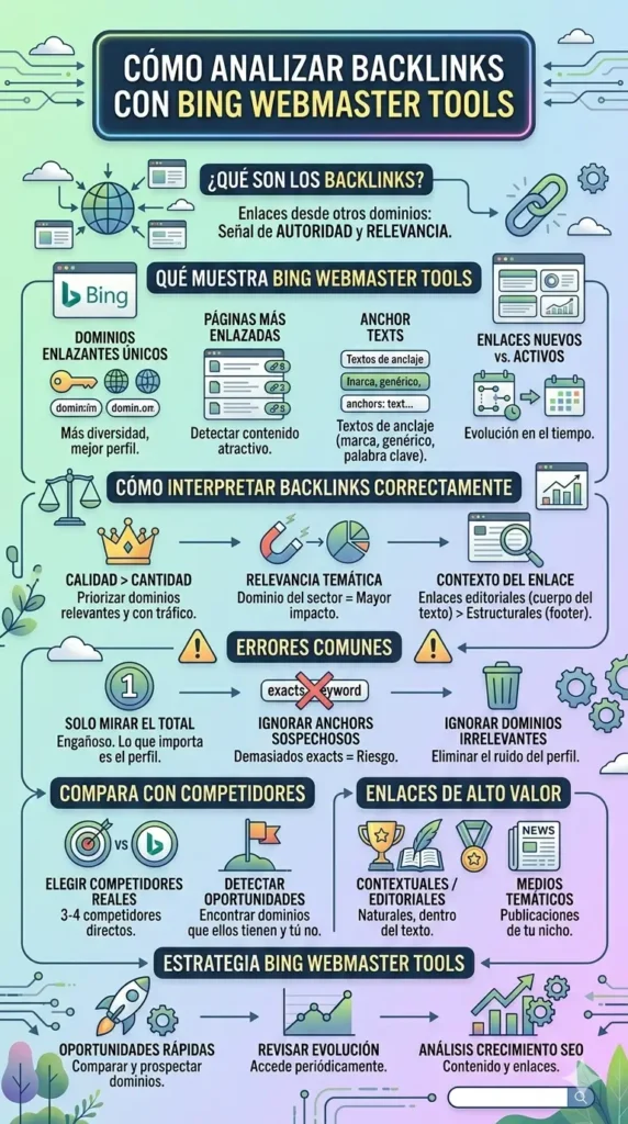 Infografía vertical detallada que explica cómo analizar backlinks con Bing Webmaster Tools. La imagen está dividida en bloques que cubren la definición de backlinks, métricas clave (dominios enlazantes, páginas más enlazadas, anchor texts, enlaces nuevos), interpretación de datos, errores comunes, comparativa con competidores y estrategias finales, todo con ilustraciones y poco texto.