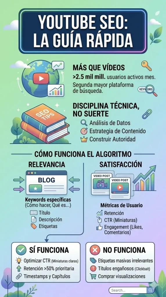 Infografía vertical sobre YouTube SEO que detalla el funcionamiento del algoritmo en bloques de relevancia y satisfacción, junto con una lista de estrategias que funcionan y las que no.